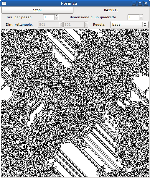Schermata della formica avviata con la regola standard in un campo 501x501